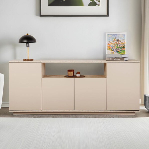 Arista Wooden Console Table in Mink and Travertine Marble Effect