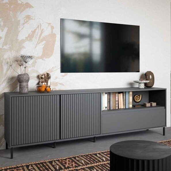 Arkley Large Wooden TV Stand With 2 Doors In Anthracite