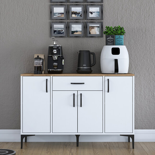 Arlivo Wooden Coffee Station Cabinets with 4 Doors 1 Drawers in White and Walnut