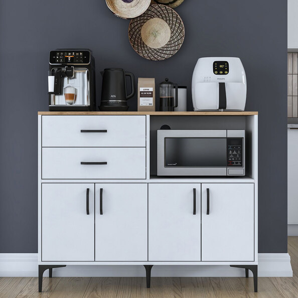 Arlivo Wooden Coffee Station Cabinets with 4 Doors 2 Drawers in White and Walnut