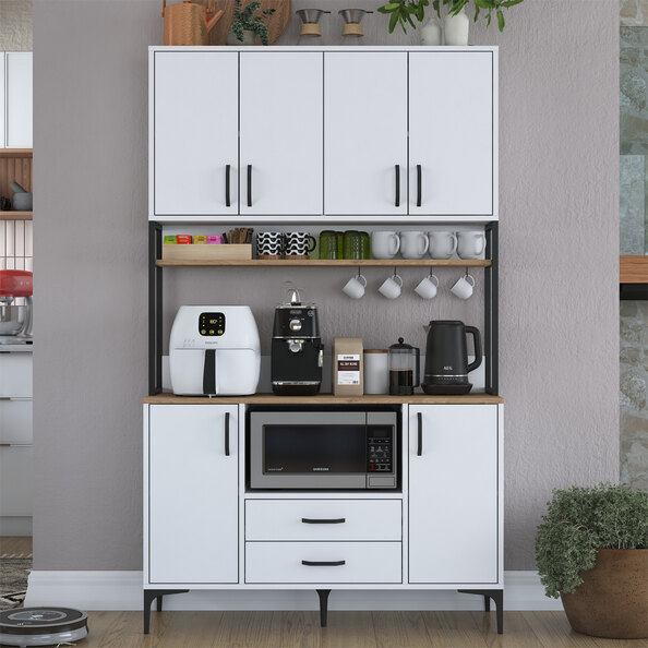 Arlivo Wooden Coffee Station Cabinets with 6 Doors 2 Drawers in White