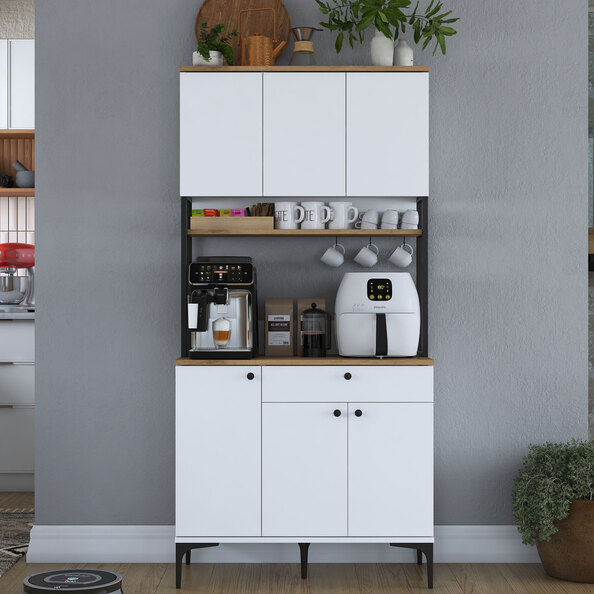 Arlivo Wooden Coffee Station Cabinets with 6 Doors in White and Walnut