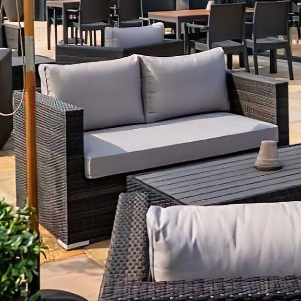 Arlo Rattan Outdoor 2 Seater Sofa With Light Grey Cushions In Brown