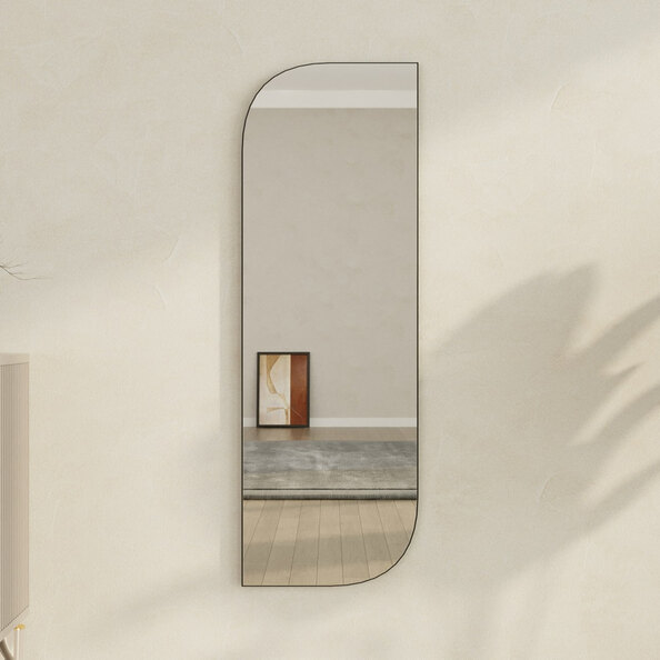 Arni Wooden Arch Wall Mirror with Black Slim Asymmetric Frame