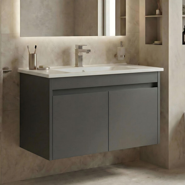 Arno Large Wooden Wall Mounted Vanity Unit with 2 Doors in Grey