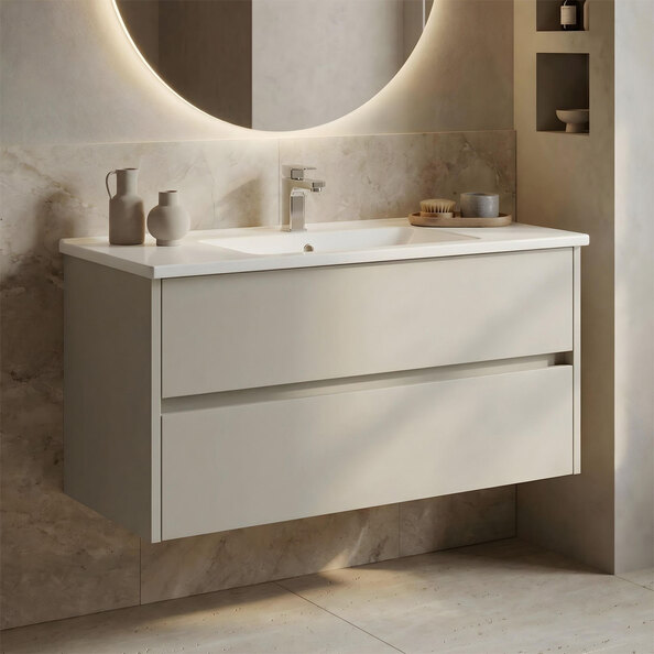 Arno Large Wooden Wall Mounted Vanity Unit with 2 Drawers in Cashmere
