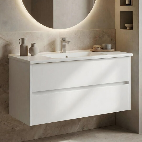 Arno Large Wooden Wall Mounted Vanity Unit with 2 Drawers in White