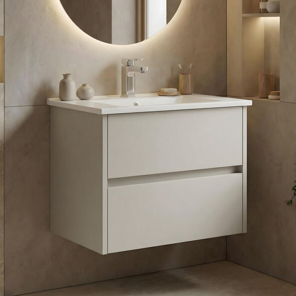 Arno Small Wooden Wall Mounted Vanity Unit with 2 Drawers in Cashmere