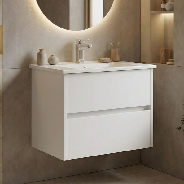 Arno Small Wooden Wall Mounted Vanity Unit with 2 Drawers in White