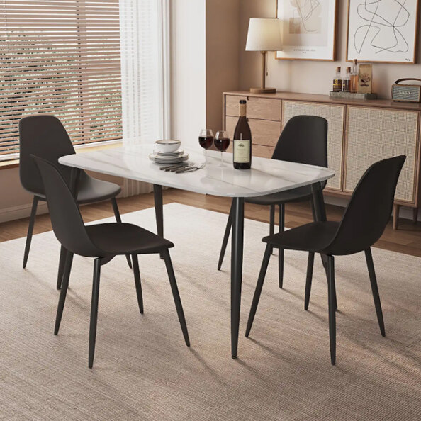 Arta Gloss White Rectangular Sintered Stone Dining Table with 4 Black Plastic Chairs