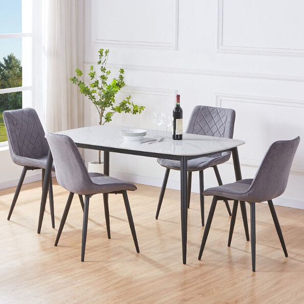 Arta Gloss White Rectangular Sintered Stone Dining Table with 4 Grey Diamond Stitch Fabric Chairs