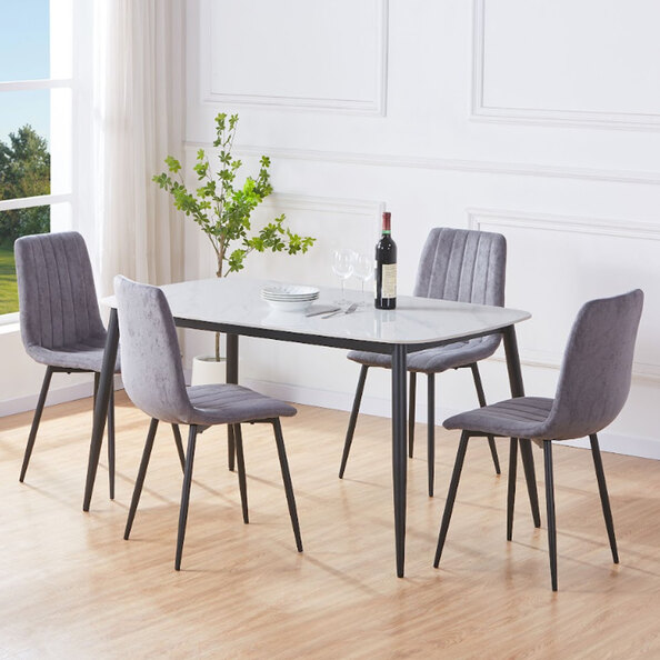 Arta Gloss White Rectangular Sintered Stone Dining Table with 4 Grey Straight Stitch Fabric Chairs
