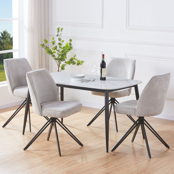 Arta Gloss White Rectangular Sintered Stone Dining Table with 4 Light Grey Fabric Chairs