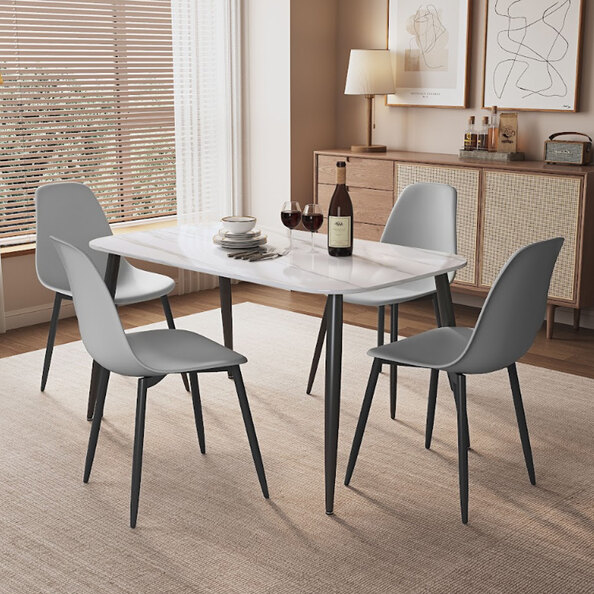 Arta Gloss White Rectangular Sintered Stone Dining Table with 4 Light Grey Plastic Chairs