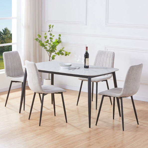 Arta Gloss White Rectangular Sintered Stone Dining Table with 4 Light Grey Straight Stitch Fabric Chairs