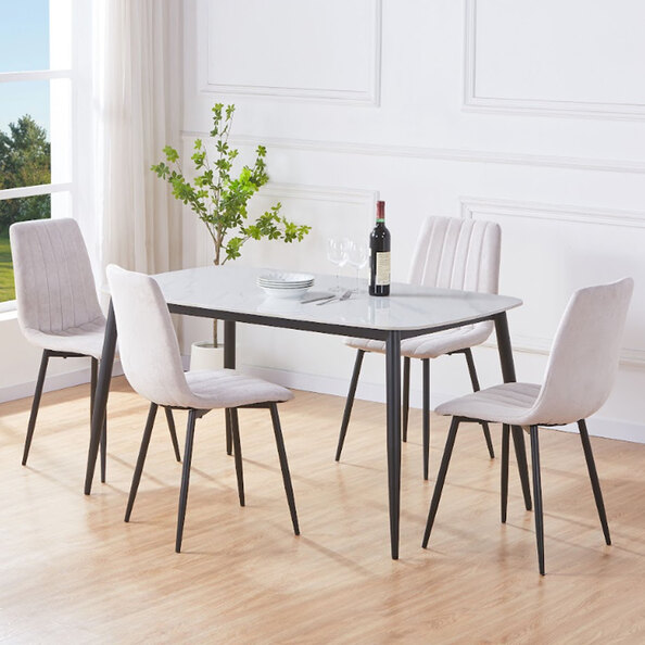 Arta Gloss White Rectangular Sintered Stone Dining Table with 4 Natural Straight Stitch Fabric Chairs