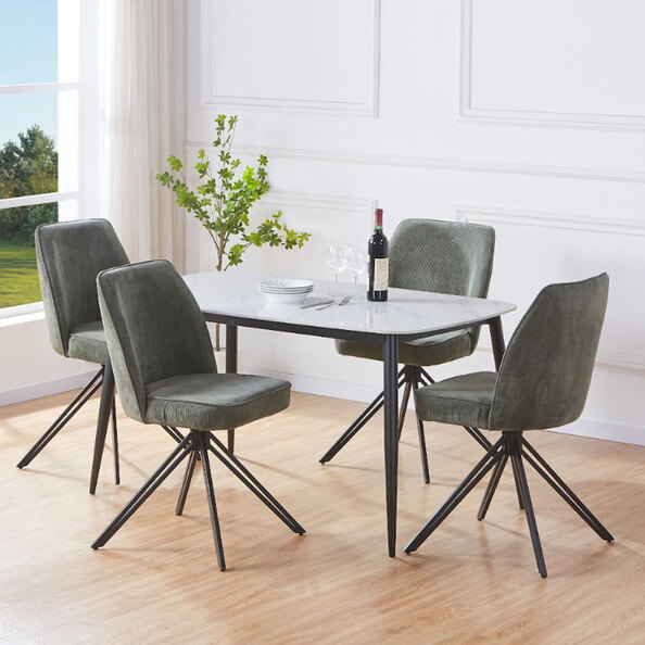 Arta Gloss White Rectangular Sintered Stone Dining Table with 4 Swivel Green Fabric Chairs