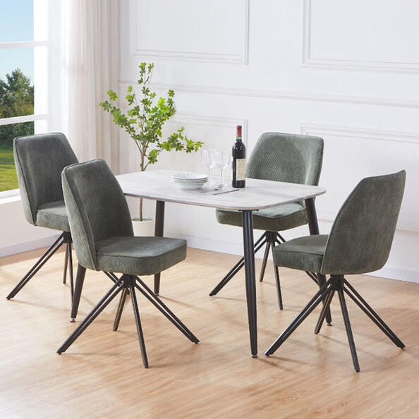 Arta Grey Oak Rectangular Wooden Dining Table with 4 Swivel Green Fabric Chairs