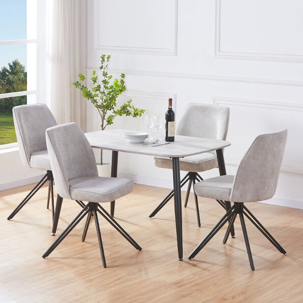 Arta Grey Oak Rectangular Wooden Dining Table with 4 Swivel Light Grey Fabric Chairs