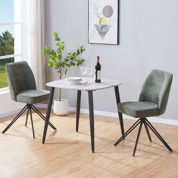 Arta Grey Oak Square Wooden Dining Table with 2 Swivel Green Fabric Chairs