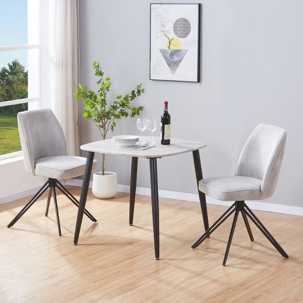 Arta Grey Oak Square Wooden Dining Table with 2 Swivel Light Grey Fabric Chairs
