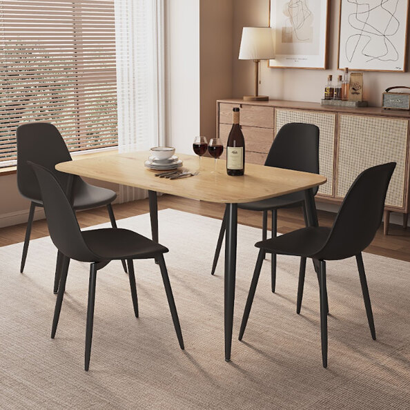 Arta Oak Rectangular Wooden Dining Table with 4 Black Plastic Chairs