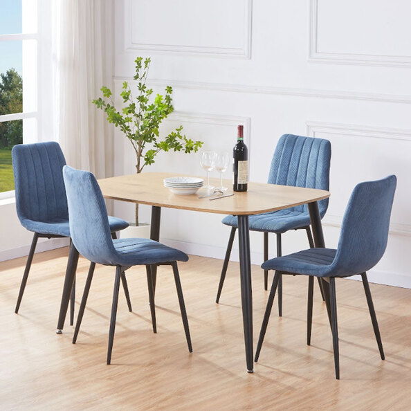 Arta Oak Rectangular Wooden Dining Table with 4 Blue Straight Stitch Fabric Chairs