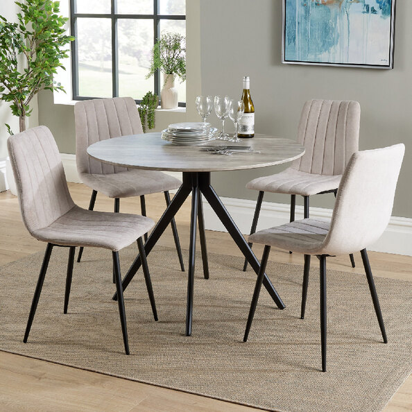 Arta Round Grey Wooden Dining Table 4 Natural Straight Chairs