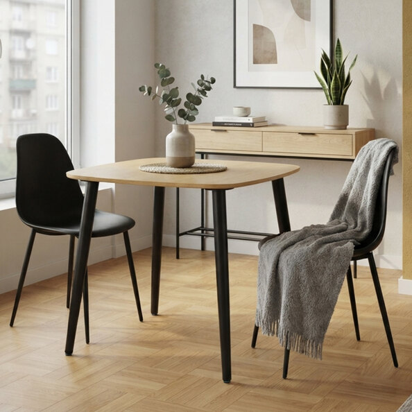 Arta Square Oak Wooden Dining Table with 2 Black Plastic Chairs