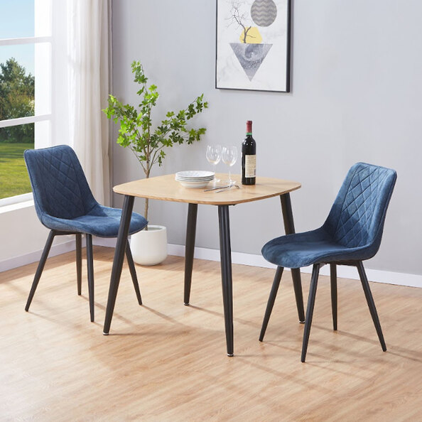 Arta Square Oak Wooden Dining Table with 2 Blue Diamond Stitch Fabric Chairs