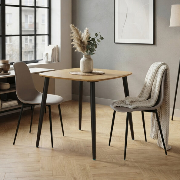 Arta Square Oak Wooden Dining Table with 2 Calico Plastic Chairs