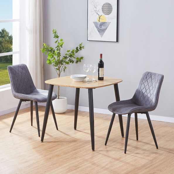Arta Square Oak Wooden Dining Table with 2 Grey Diamond Stitch Fabric Chairs