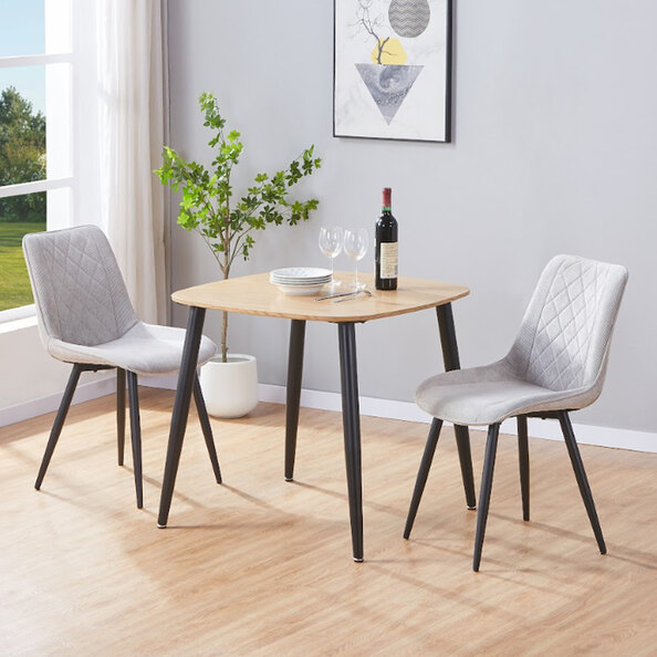 Arta Square Oak Wooden Dining Table with 2 Light Grey Diamond Stitch Fabric Chairs