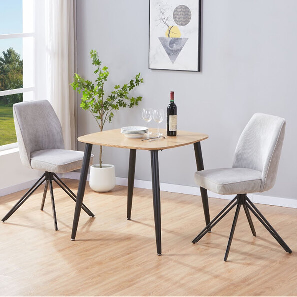 Arta Square Oak Wooden Dining Table with 2 Light Grey Fabric Chairs