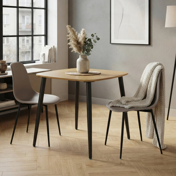 Arta Square Oak Wooden Dining Table with 2 Light Grey Plastic Chairs