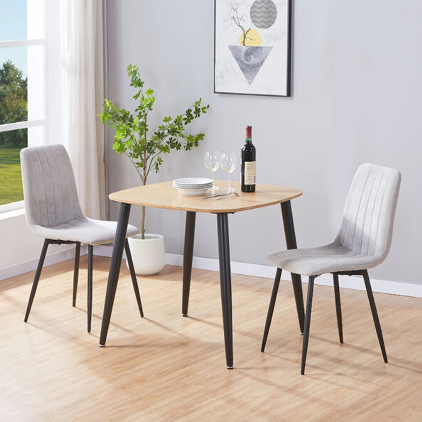 Arta Square Oak Wooden Dining Table with 2 Light Grey Straight Stitch Fabric Chairs