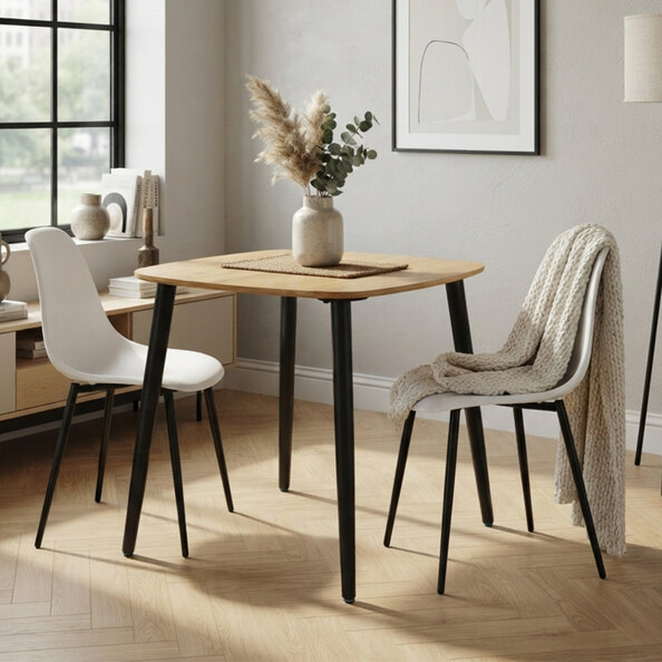 Arta Square Oak Wooden Dining Table with 2 White Plastic Chairs