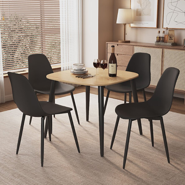 Arta Square Oak Wooden Dining Table with 4 Black Plastic Chairs