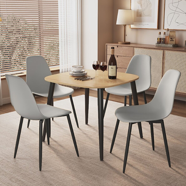 Arta Square Oak Wooden Dining Table with 4 Light Grey Plastic Chairs
