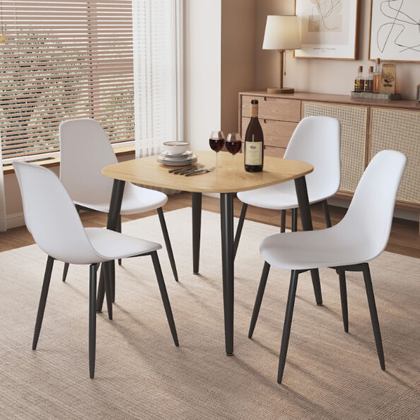 Arta Square Oak Wooden Dining Table with 4 White Plastic Chairs