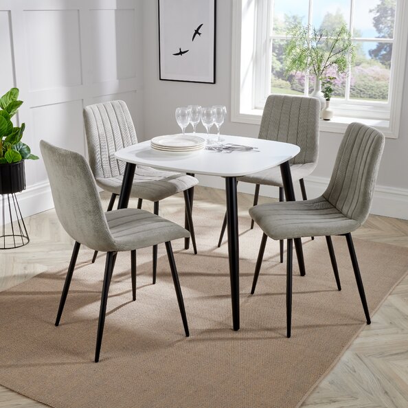 Arta Square White Wooden Dining Table 4 Light Grey Straight Chairs