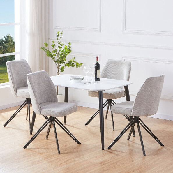 Arta White Rectangular Wooden Dining Table with 4 Swivel Light Grey Fabric Chairs