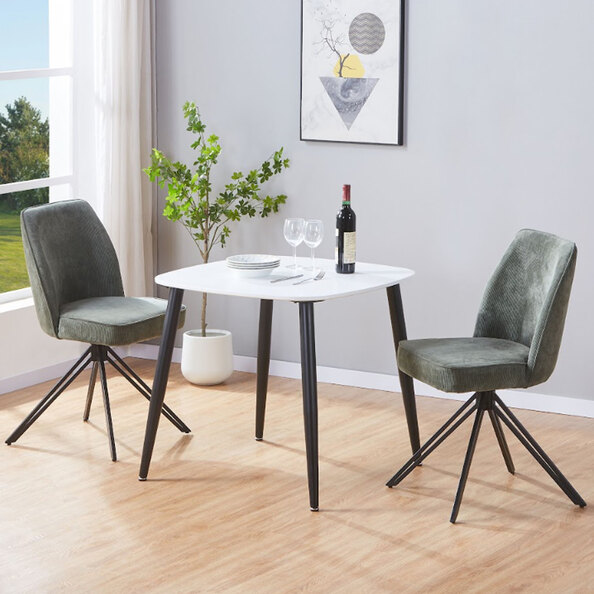 Arta White Square Wooden Dining Table with 2 Swivel Green Fabric Chairs