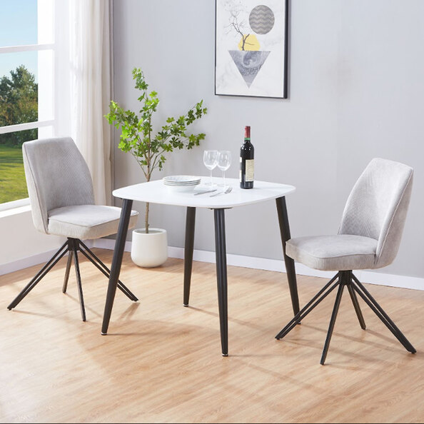 Arta White Square Wooden Dining Table with 2 Swivel light Grey Fabric Chairs