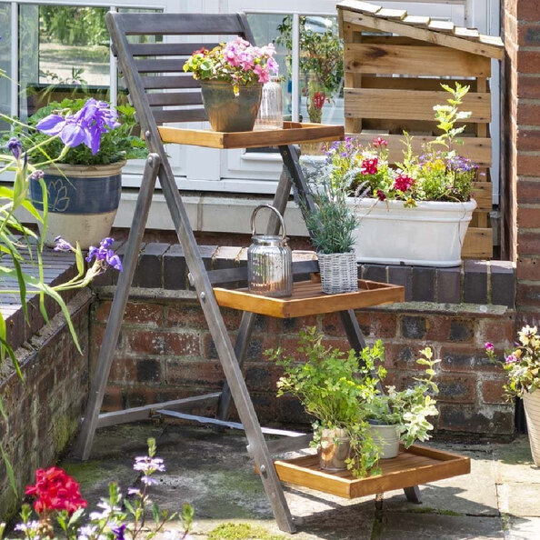 Arundel Large Wooden Garden Ladder Planter In Grey And Natural
