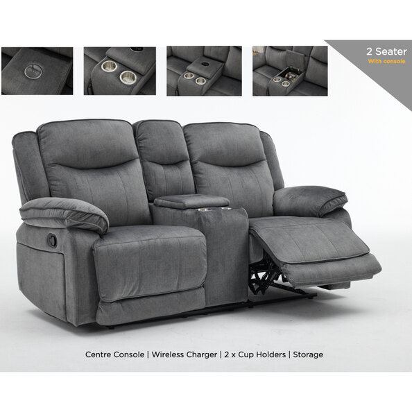 Arvexo Fabric Manual Recliner 2 Seater Sofa with Console in Grey