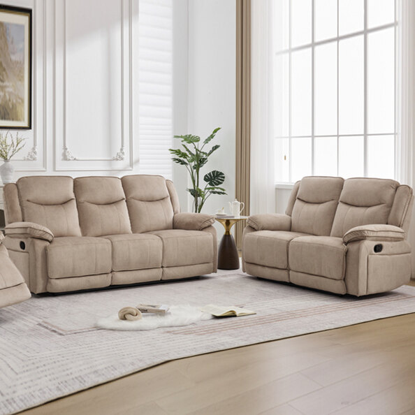 Arvexo Fabric Manual Recliner 3+2 Seater Sofa Set in Light Brown