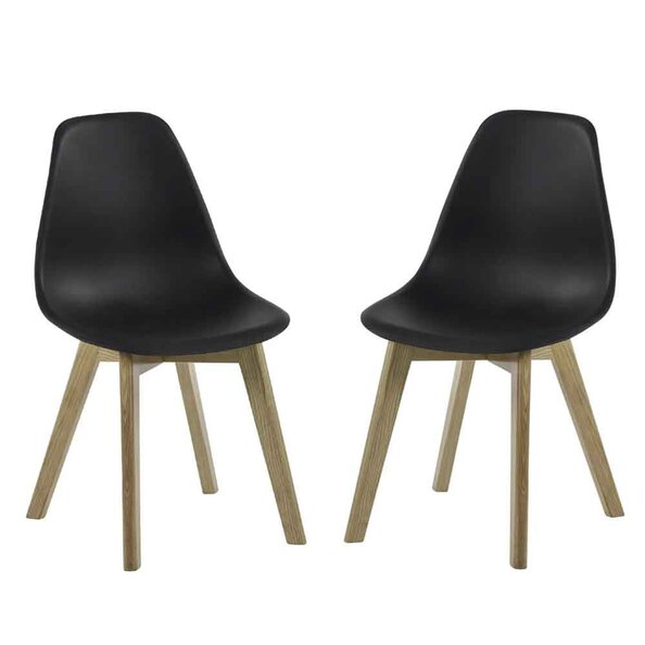 Arvion Black Plastic Dining Chairs with Oak Wooden Legs in Pair