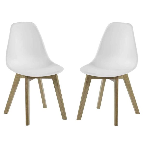 Arvion White Plastic Dining Chairs with Oak Wooden Legs in Pair