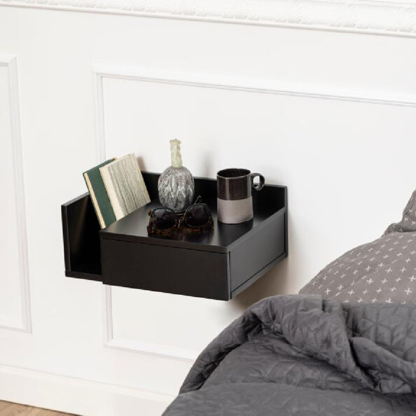 Ashanti Wall Hung Wooden Bedside Cabinet With 1 Shelf In Black